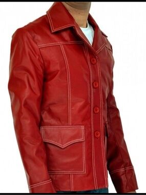 Real Leather Red Y2K Inspired Retro Fight Club  Button Statement Jacket S *Read*